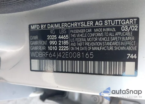 2002 Mercedes-Benz C 320 z USA, uszkodzony, nr VIN WDBRF64J42E008165